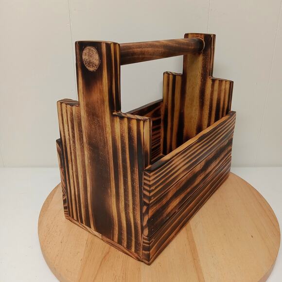 Handcrafted Wooden Handled Crate Burned Rustic Farmhouse Storage Basket Planter - Picture 1 of 7